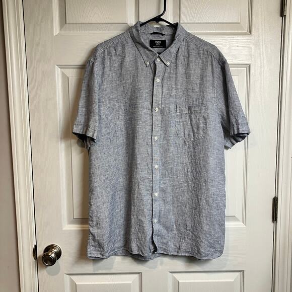 1901 Short Sleeve Blue White 100% Linen Button Down Shirt Men's Size XXL 2XL - Picture 1 of 10
